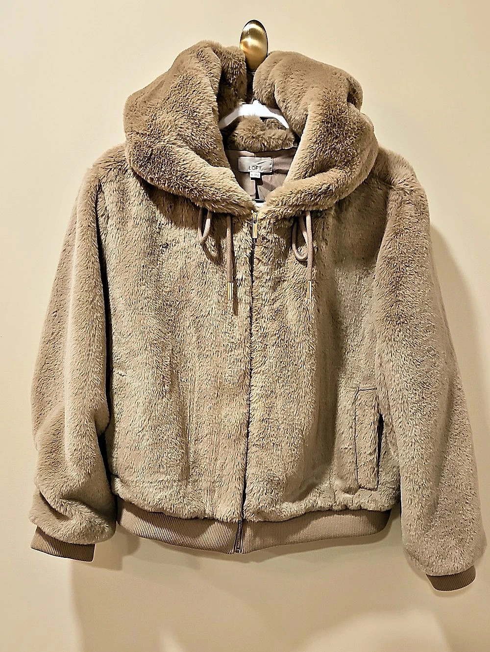 LOFT Faux Fur Hooded Jacket Brown XL NWT